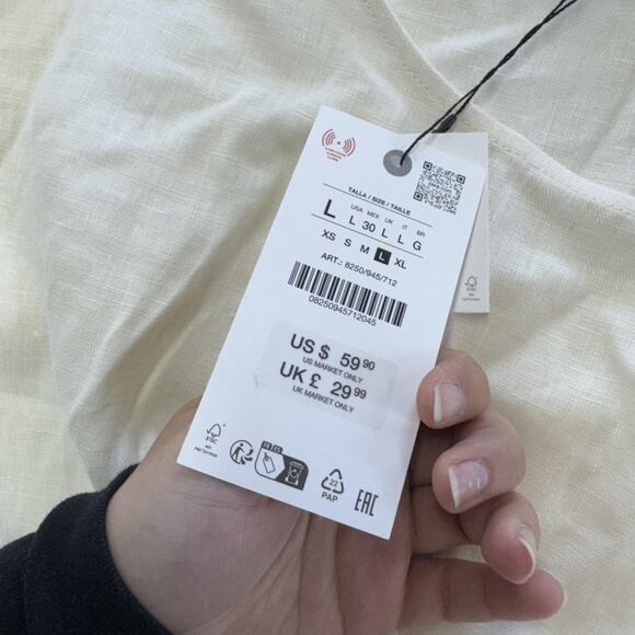 Zara Shirt Womens Large White 100% Linen Short Sleeve Boxy Pocket Crewneck Top - Picture 5 of 7